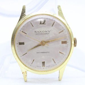 Vintage SAXONY Watch Mens Gold Tone Stainless Steel Classic Swiss Made 60's